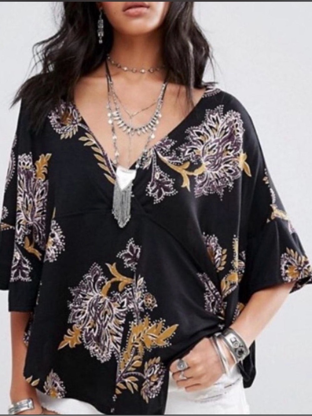 Free People Black Floral V-Neck Tunic with Mustard Accents